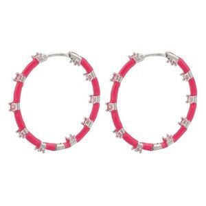 Pink Hoop Earrings with Silvertone  Accents - Women Jewelry